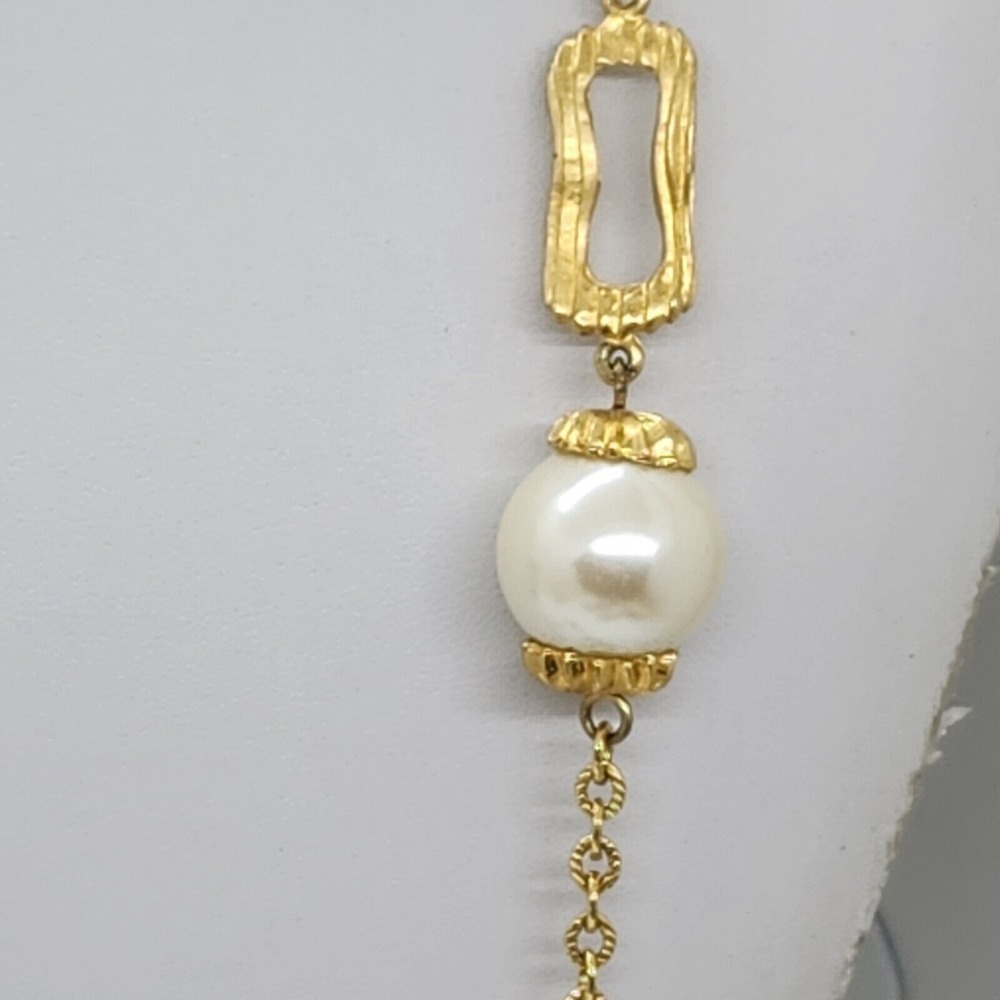 Gold Tone Faux Amber And Pearl Necklace - Picture 7 of 8